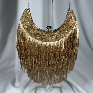 Champagne Sequin Beaded Fringe Clutch Bag – Vintage Glam Purse w/ Silver Handle